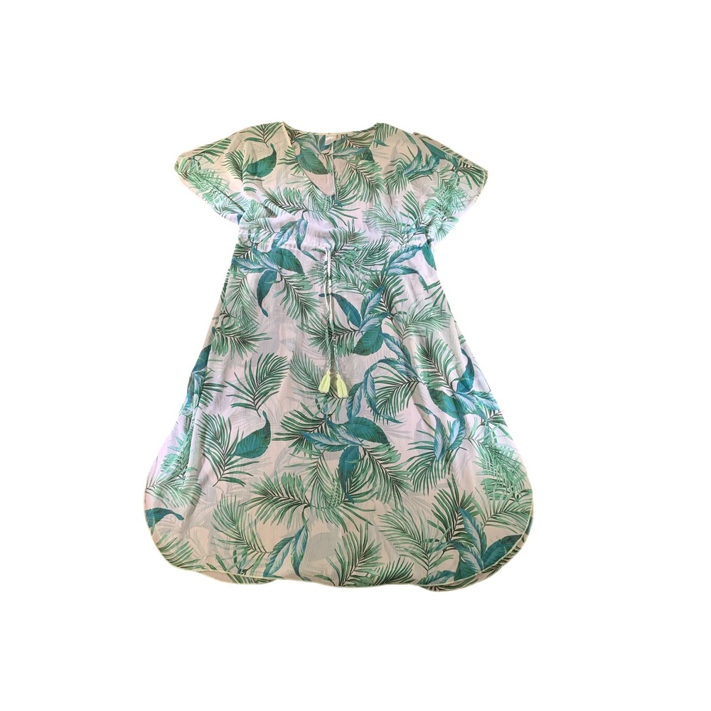 Kona Sol Women's L Tropical Leaf Print Kaftan Cover‎ Up Dress Tassels